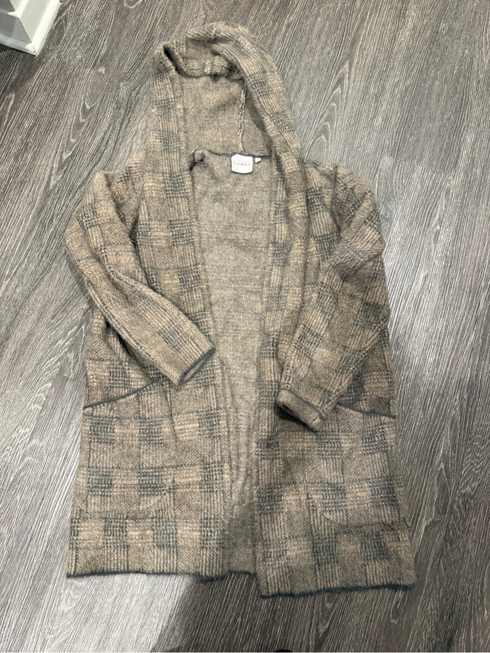 Cyrus Hooded Plaid Open-Front Cardigan - Taupe and Gray